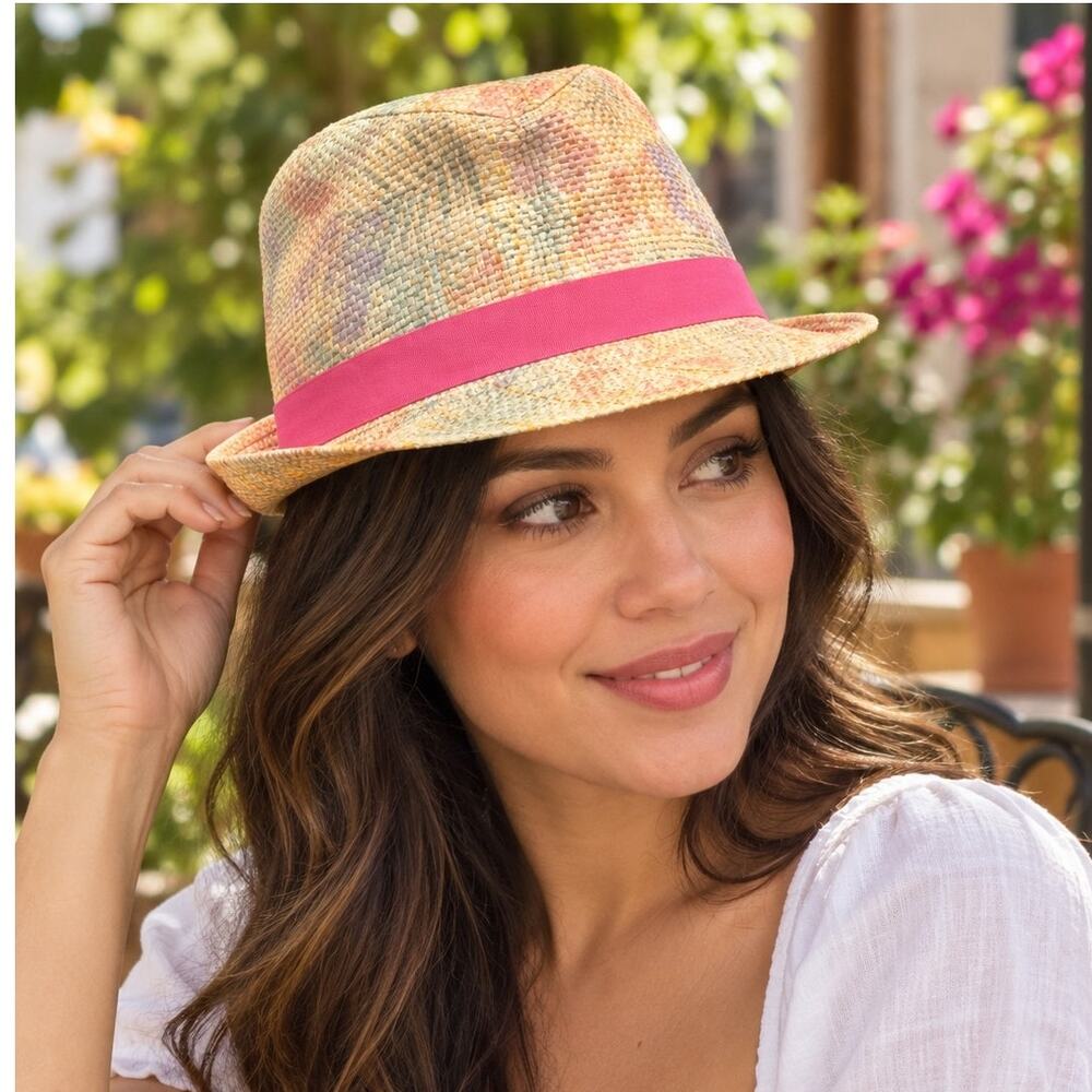 Anna & Ava 100% Straw Pastel Trilby-Style Hat with Pink Band